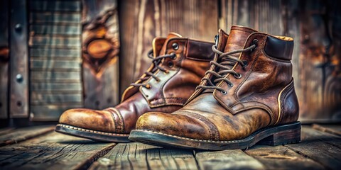 Wall Mural - A close-up photo of worn, vintage leather boots , vintage, old, worn, leather, footwear, aged, texture, fashion, style, retro