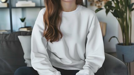 Mockup. Young woman wearing blank white crewneck sweatshirt. Young caucasian girl sitting on couch in modern living room. Mock up template for sweatshirt design, print area for logo or design