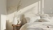 © PSCL RDL - Modern house interior details. Simple cozy beige bedroom interior with bed headboard, linen bedding, bedside table and natural decorations