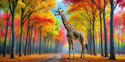 Wall Mural - Giraffe surrounded by pop art trees in a colorful forest setting, giraffe, wildlife, nature, pop art, trees, forest