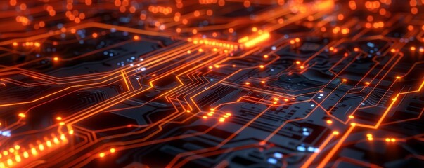 Fototapete - Abstract 3D rendering of digital circuit board with glowing lines and bokeh lights, showcasing futuristic technology