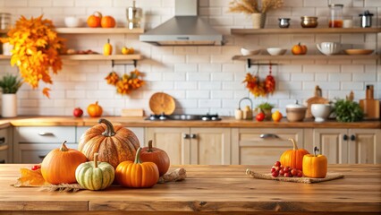 Sticker - Wood table with copy space in autumn kitchen with pumpkin decorations, wood, table, copy space, autumn, kitchen, pumpkin