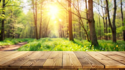 Wall Mural - Wooden table and spring forest background