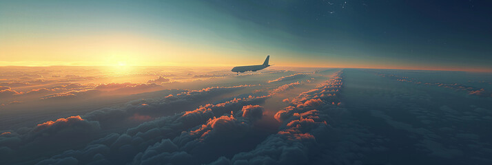 Wall Mural - Airplane Flying at Sunset A Journey Above the Clouds