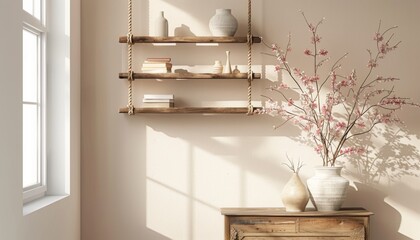 Poster - A room with a white wall and a wooden shelf with a vase on it