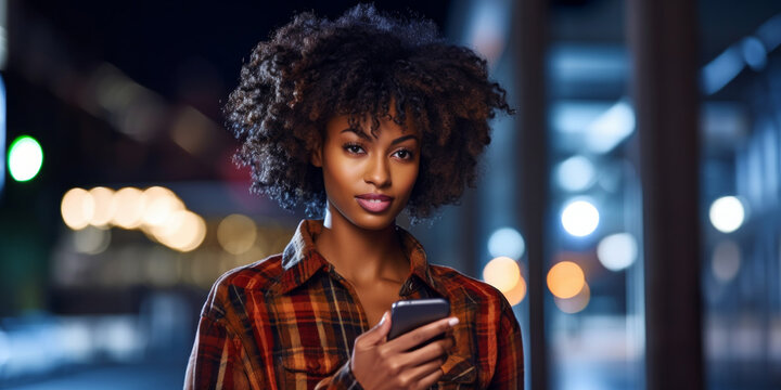 Confident young woman with curly hair wearing a plaid shirt, holding a smartphone and standing outdoors at night, illuminated by city lights.