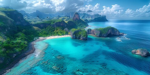 Panoramic aerial view of beautiful tropical beach with turquoise water and granite rocks. Seascape of paradise island.