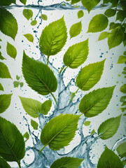 Wall Mural - Fresh green leaves splashing with water