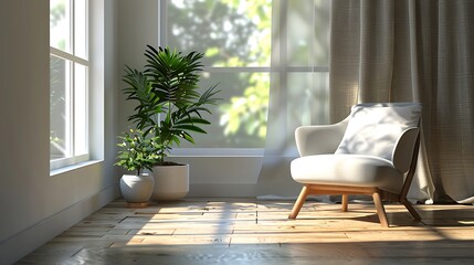 Wall Mural - Minimalist Scandinavian living room with natural light and airy curtains for a bright and spacious ambiance