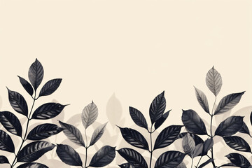 Wall Mural - Aesthetic retro vintage background with dark leaves, large and small leaves on the bottom of the picture, minimalistic, light beige background