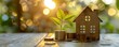 © Arrseman - Bokeh background highlighting wooden house model, green plant, and coin stack on a table, emphasizing real estate, family, and financial security