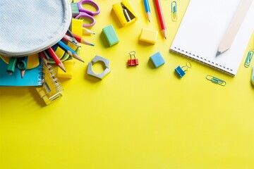 Wall Mural - School Supplies A colorful array of pencils, markers, and notebooks from a light blue backpack on a yellow backdrop. Ideal for educational promotions and stationery ads