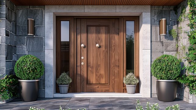 A large black door with two lights on top of it. The door is made of wood and has a black trim. There are two potted plants on either side of the door, one on the left and one on the right