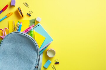 Sticker - Back to school concept. Colorful school supplies spill from a blue backpack onto a bright yellow background. Perfect for education-related themes and promotions.