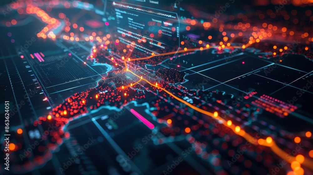 A high-tech digital map showcasing glowing data points and network connections, representing advanced technology and data visualization.