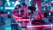 © Sunshine - Robotic arms working on an assembly line in a modern, high-tech manufacturing facility illuminated by vibrant neon lights.