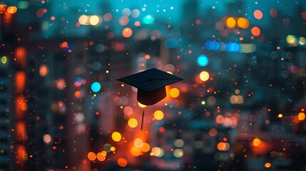 Graduation Cap Against Blurred City Lights in Dreamy Nightscape