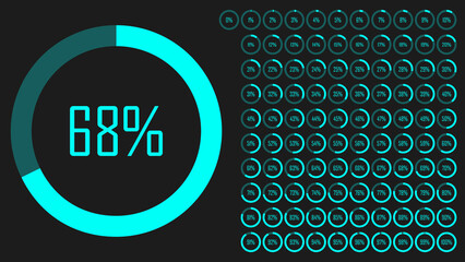 Wall Mural - Set of circle percentage diagrams from 0 to 100 for Web Design, User Interface UI UX or Infographic. Loading indicator Colorful Progress Green on Black Background. Vector illustration. Icons set.