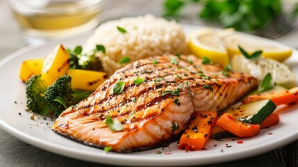 Wall Mural - Nourishing Food Choices: A well-balanced meal comprising grilled salmon, steamed vegetables, and a side of brown rice, promoting the benefits of nutrient-rich foods for overall health