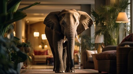 Elephant in the hall of a luxury hotel.