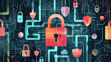 Online security: A digital padlock surrounded by cybersecurity symbols like shields and encrypted data streams, watercolor style