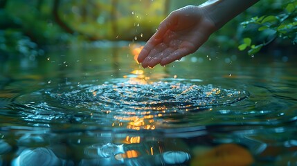 Gently touching the green water of a river with a bokeh background, symbolizing the dedication to preserving natural resources