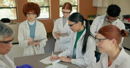 Poster - Teacher, students and learning in science classroom for education, experiment and knowledge. Teenager, people and classmates with chemicals at lab in high school as future scientist for research