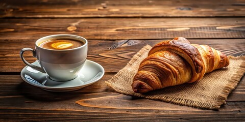 Sticker - Freshly baked croissant with a cup of hot coffee on a wooden table, croissant, coffee, breakfast, pastry, bakery, morning