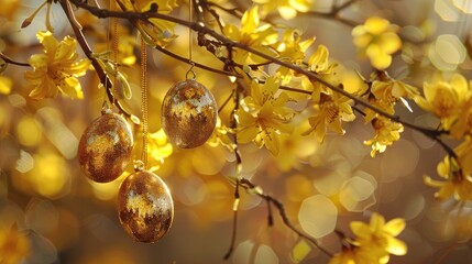 Sticker - Elegant Easter eggs dangle from a Forsythia tree in full bloom