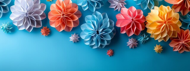 Wall Mural -  A vibrant arrangement of origami flowers against a tranquil blue backdrop Include your text here