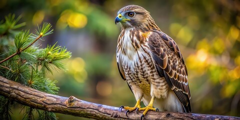 Wall Mural - Close up of a majestic hawk perched on a tree branch, predator, bird, wildlife, feathers, raptor, nature, hunter, wings