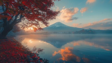 Wall Mural - Sunrise Over Mount Fuji With Red Maple Tree
