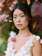 Wall Mural - .Glamorous Asian bride in white dress in flowers ethereal white and green garden of eden aesthetic