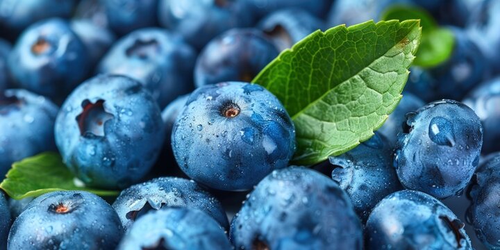 Close Up of Blueberries with Green Leaf