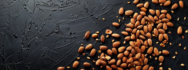 Wall Mural -  A black table holds a pile of almonds, nearby lies a knife and a sheet of paper
