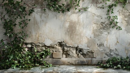 Wall Mural - Interior room with stone wall ivy and marble border showing signs of wear