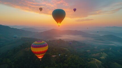 Wall Mural - Hot Air Balloons Soaring Over a Misty Mountain Landscape at Sunrise