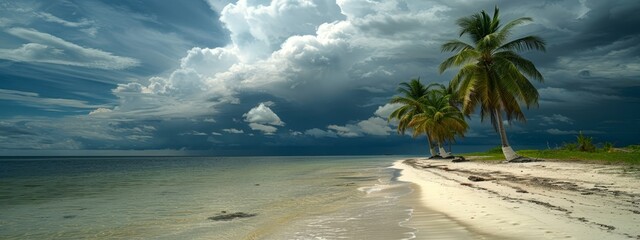  Two palm trees atop a sandy beach, adjacent to a body of water, beneath a cloud-strewn sky