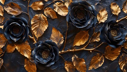 Canvas Print - Flowers composition. Black roses and golden leaves paint on dark background. Digital flowers painting. top view