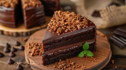 Wall Mural - Chocolate cakes with a crunchy layer on Wooden Table Background