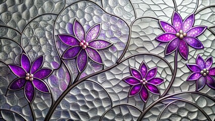 Wall Mural - Vibrant violet stained glass flowers on crystal background with grey swirl textures, violet, stained glass, flowers