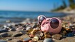 © Farhan - Relaxing pink piggy bank with sunglasses on a sunny beach, next to gold coins, illustrating vacation budgeting and wealth accumulation