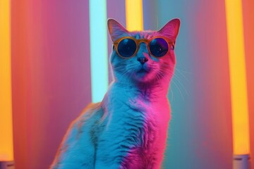 Wall Mural - Funny cat with sunglasses in a brightly colored studio setting