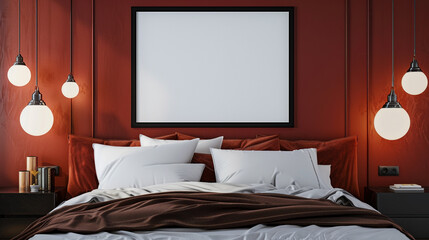 Wall Mural - Elegant bedroom showcasing a blank frame with a black border on a red wall, plush bedding, and modern lighting fixtures