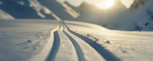 Pristine cross-country ski tracks lead into the scenic winter landscape with snow-covered mountains and a bright sun in the sky.