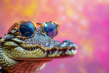 Wall Mural - Funny crocodile wearing sunglasses in studio with a colorful and bright background