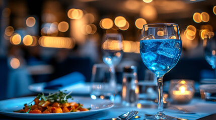 Wall Mural - A glass of wine and a plate of food on a table.