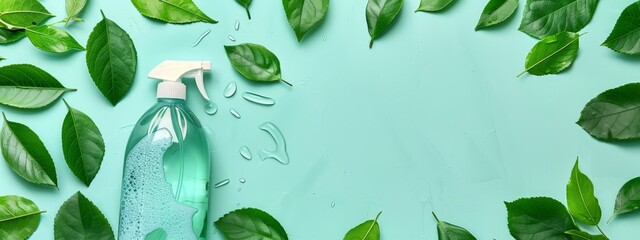 Wall Mural -  A hand sanitizer bottle atop a blue surface, encircled by green foliage The bottle sports a sprayer at its peak