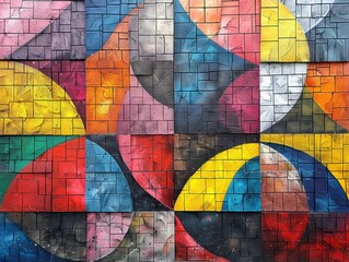 Wall Mural - A brick wall with a bold, modern abstract mural in vibrant colors.