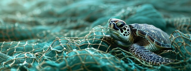 Wall Mural -  A tight shot of a sea turtle ensnared in a net, its head reclined on its carapace